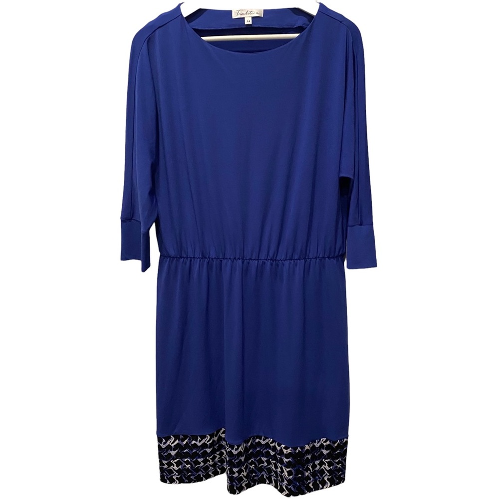 Traditions size 14 blue sheath dress blue and white hem 3/4 sleeves EUC